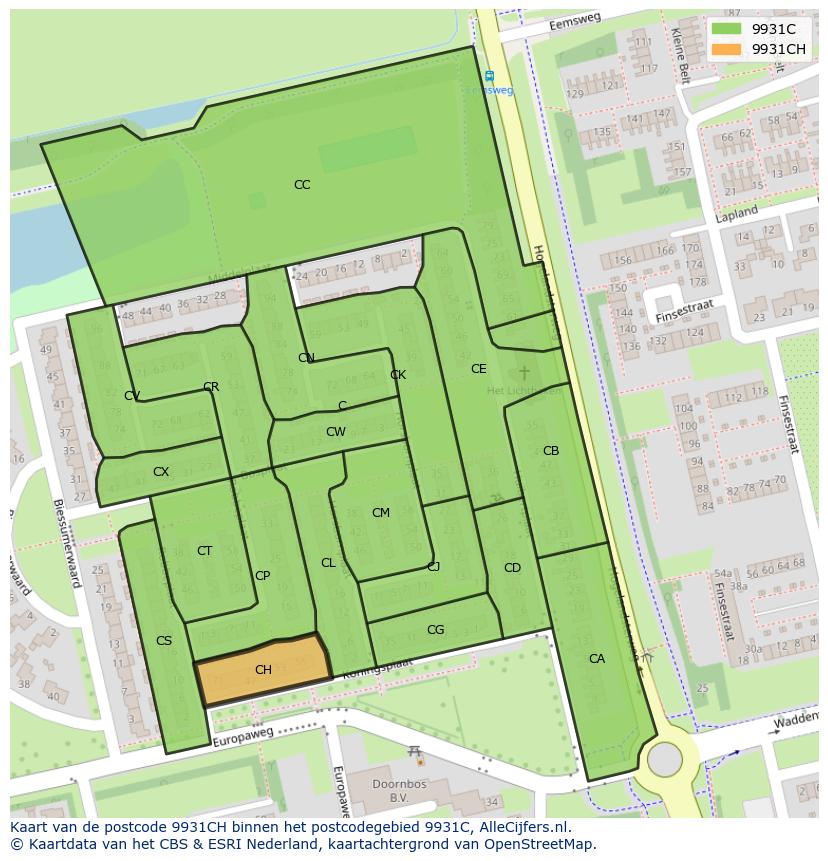 Afbeelding van het postcodegebied 9931 CH op de kaart.