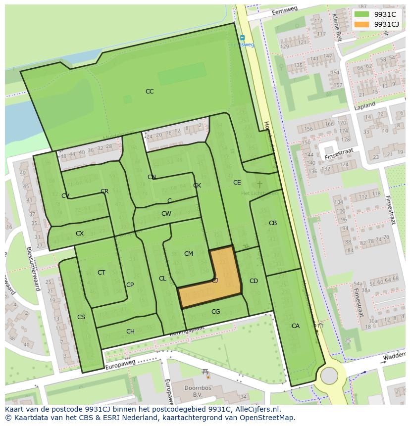 Afbeelding van het postcodegebied 9931 CJ op de kaart.