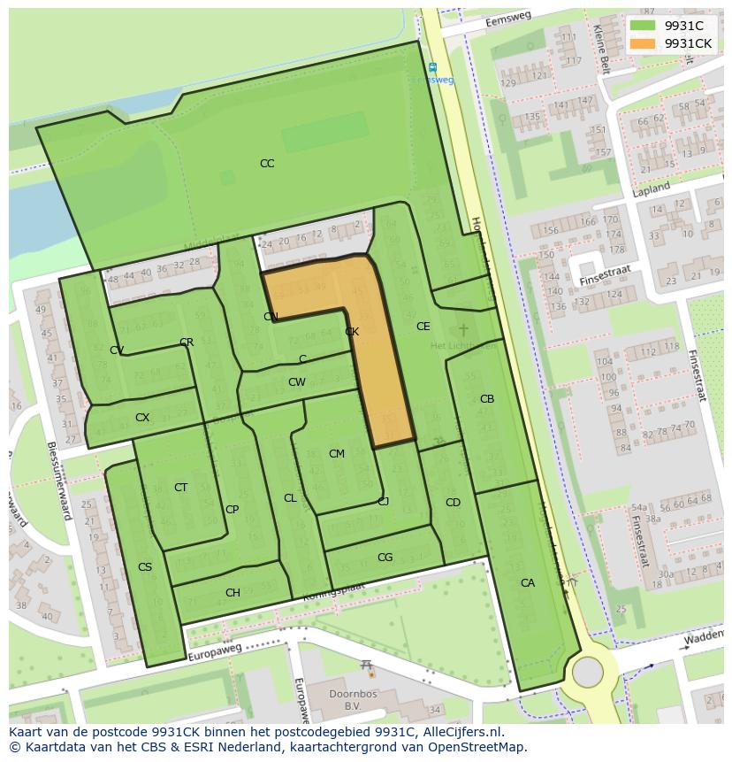 Afbeelding van het postcodegebied 9931 CK op de kaart.