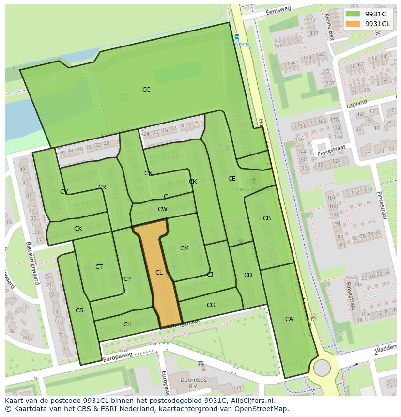Afbeelding van het postcodegebied 9931 CL op de kaart.
