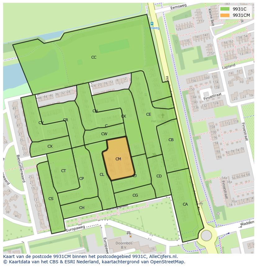 Afbeelding van het postcodegebied 9931 CM op de kaart.
