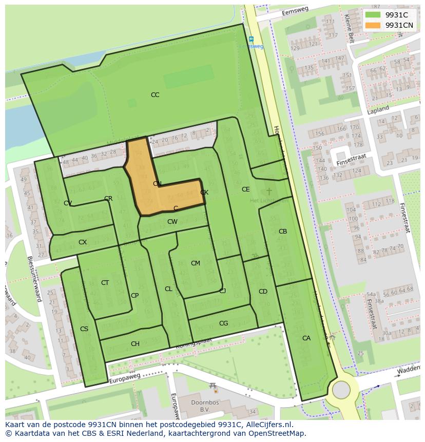 Afbeelding van het postcodegebied 9931 CN op de kaart.