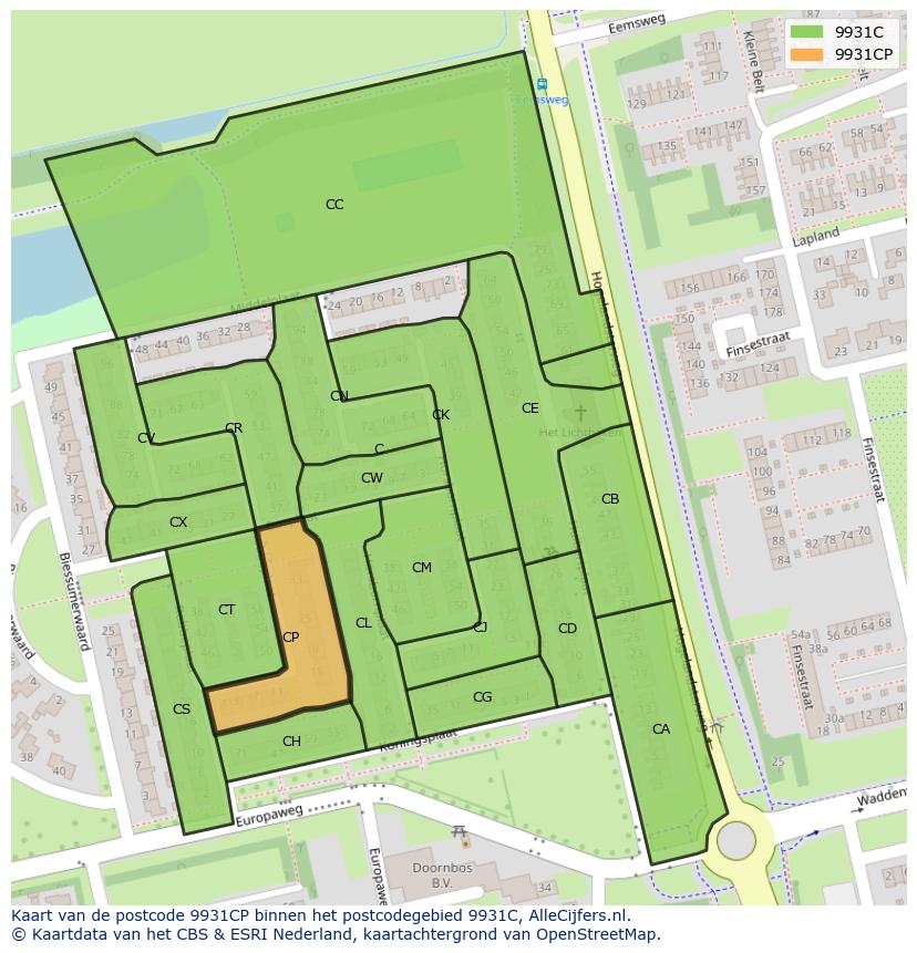 Afbeelding van het postcodegebied 9931 CP op de kaart.
