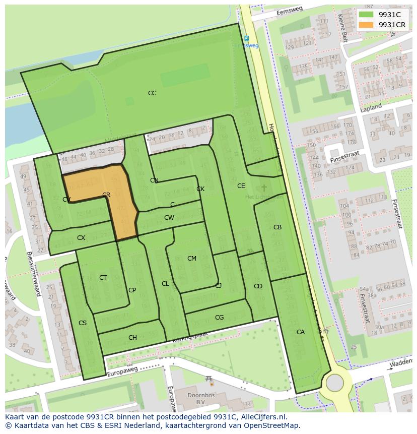 Afbeelding van het postcodegebied 9931 CR op de kaart.