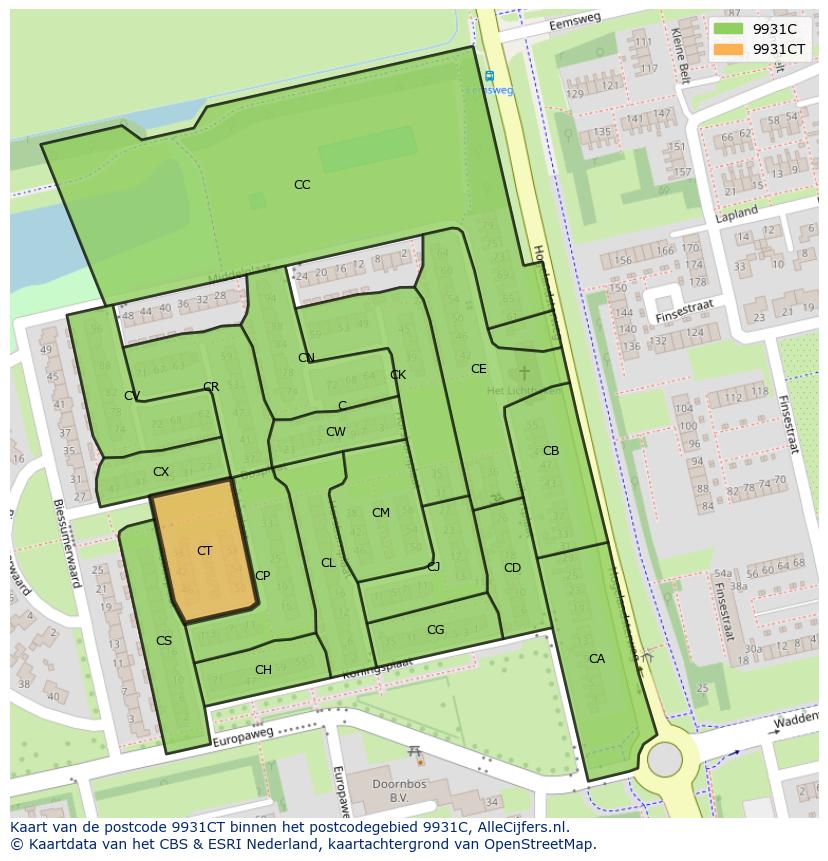 Afbeelding van het postcodegebied 9931 CT op de kaart.