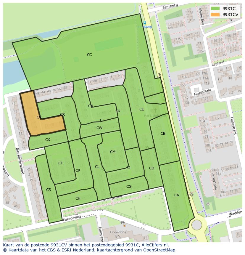 Afbeelding van het postcodegebied 9931 CV op de kaart.