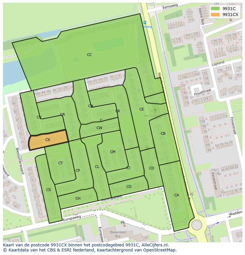 Afbeelding van het postcodegebied 9931 CX op de kaart.