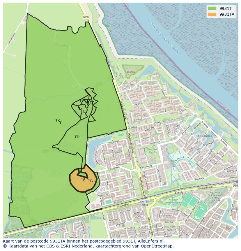 Afbeelding van het postcodegebied 9931 TA op de kaart.