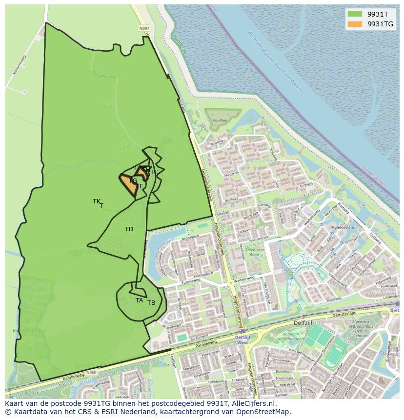 Afbeelding van het postcodegebied 9931 TG op de kaart.