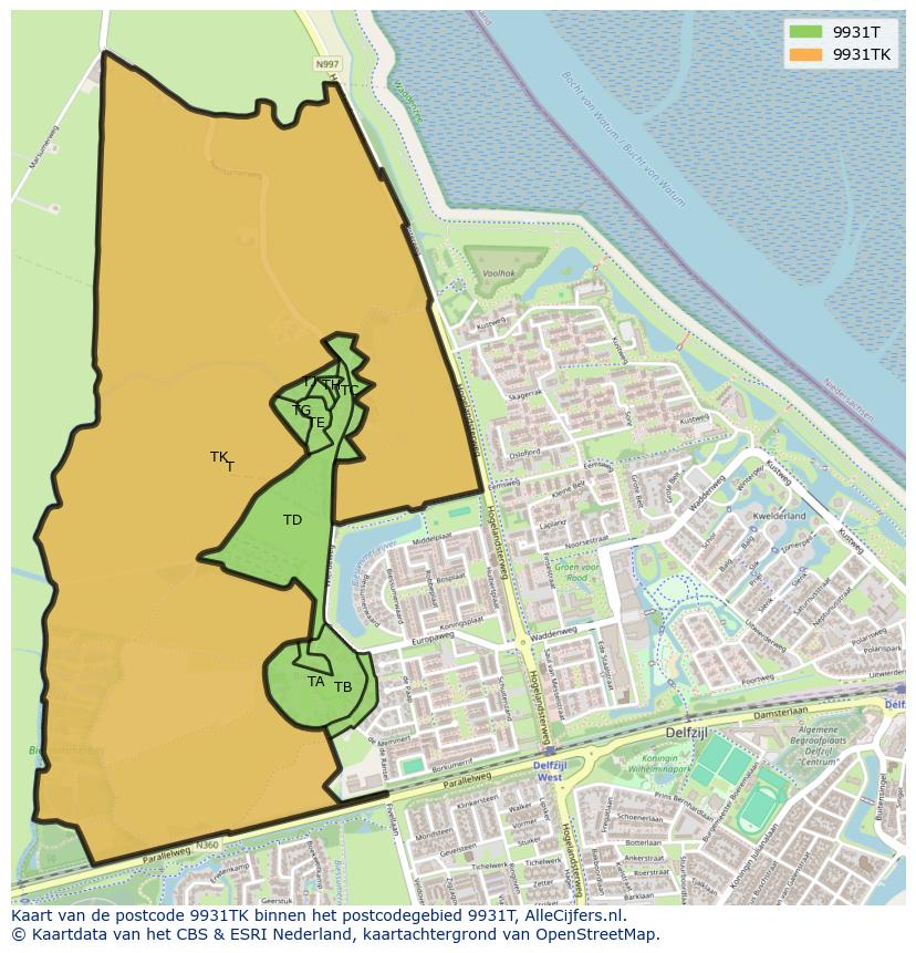 Afbeelding van het postcodegebied 9931 TK op de kaart.