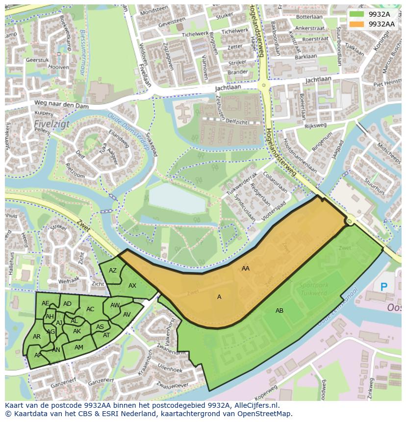 Afbeelding van het postcodegebied 9932 AA op de kaart.