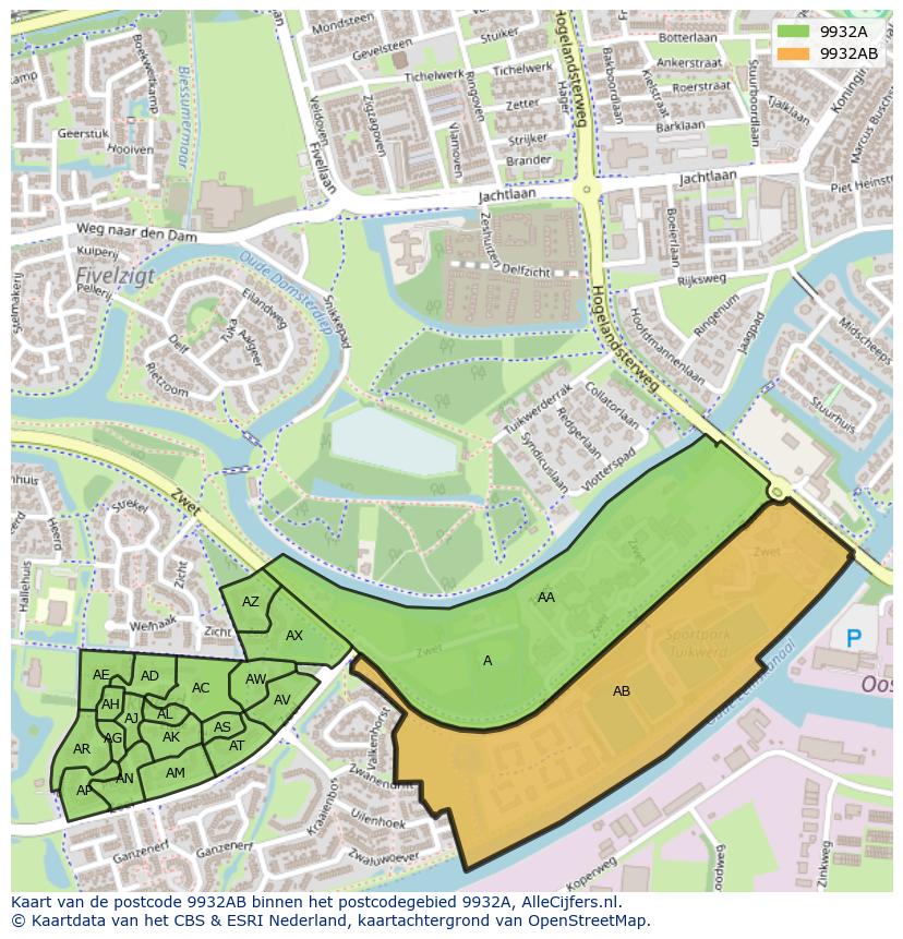 Afbeelding van het postcodegebied 9932 AB op de kaart.