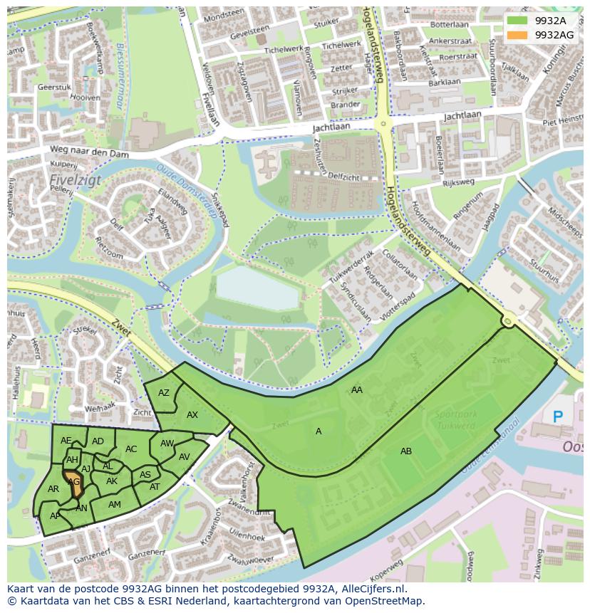 Afbeelding van het postcodegebied 9932 AG op de kaart.