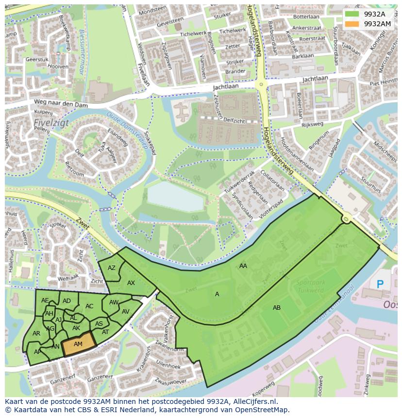 Afbeelding van het postcodegebied 9932 AM op de kaart.
