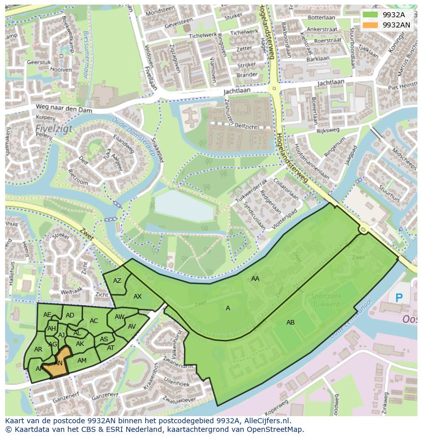 Afbeelding van het postcodegebied 9932 AN op de kaart.