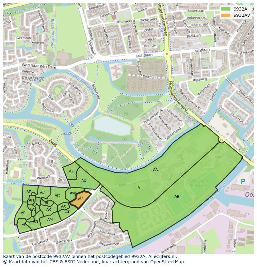 Afbeelding van het postcodegebied 9932 AV op de kaart.