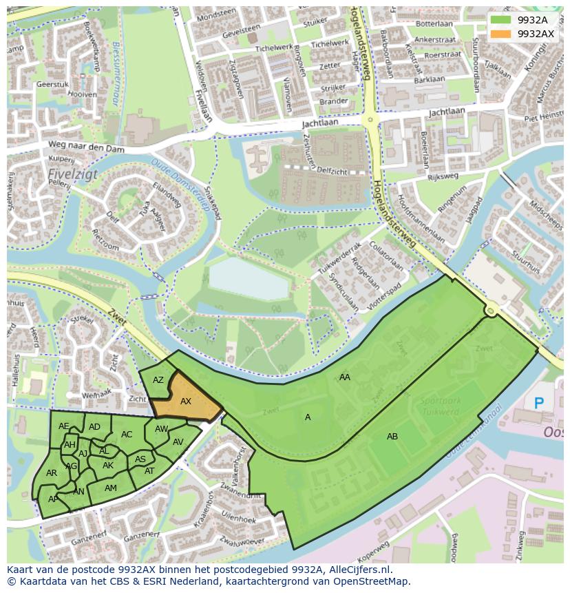 Afbeelding van het postcodegebied 9932 AX op de kaart.