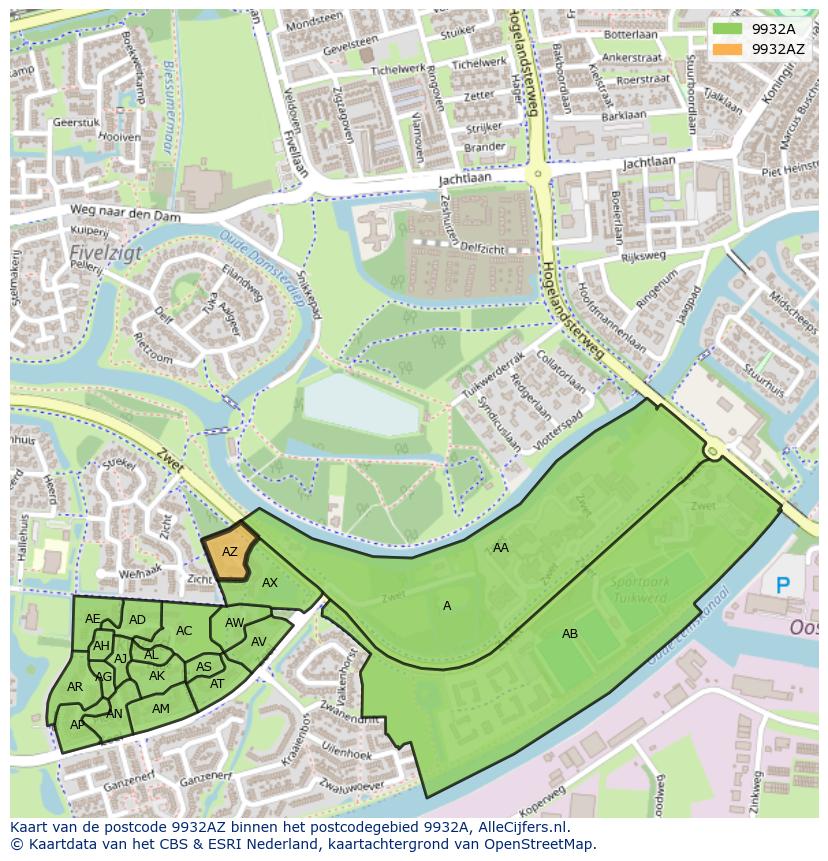 Afbeelding van het postcodegebied 9932 AZ op de kaart.
