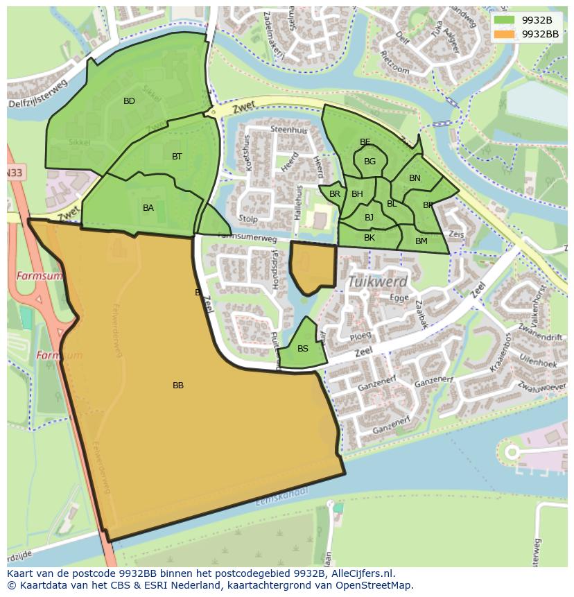 Afbeelding van het postcodegebied 9932 BB op de kaart.