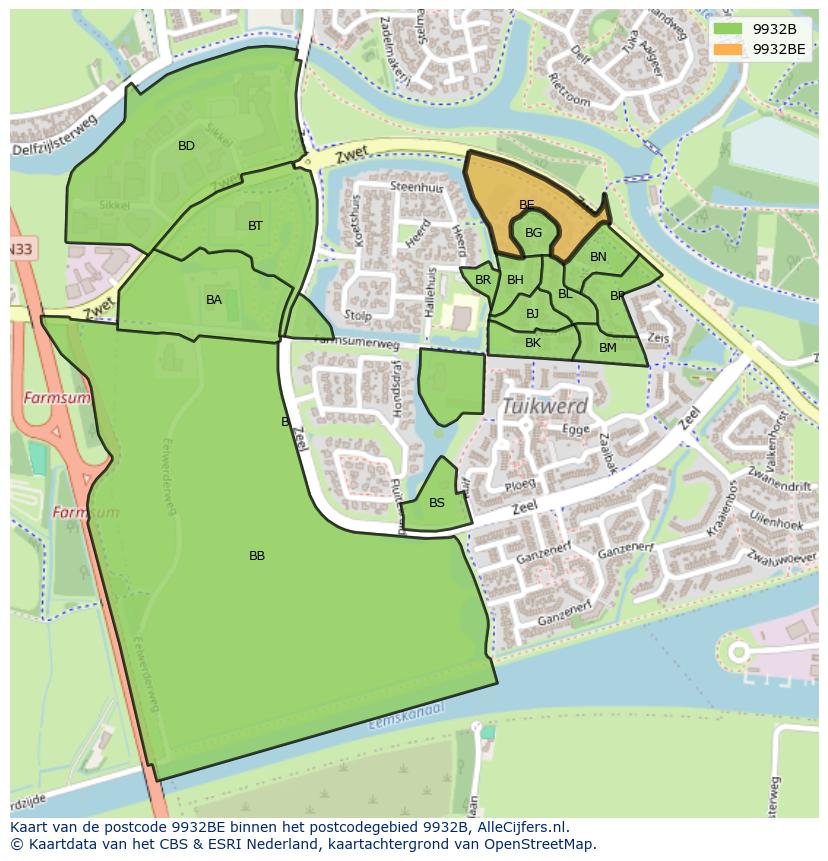 Afbeelding van het postcodegebied 9932 BE op de kaart.