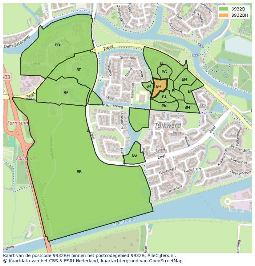 Afbeelding van het postcodegebied 9932 BH op de kaart.