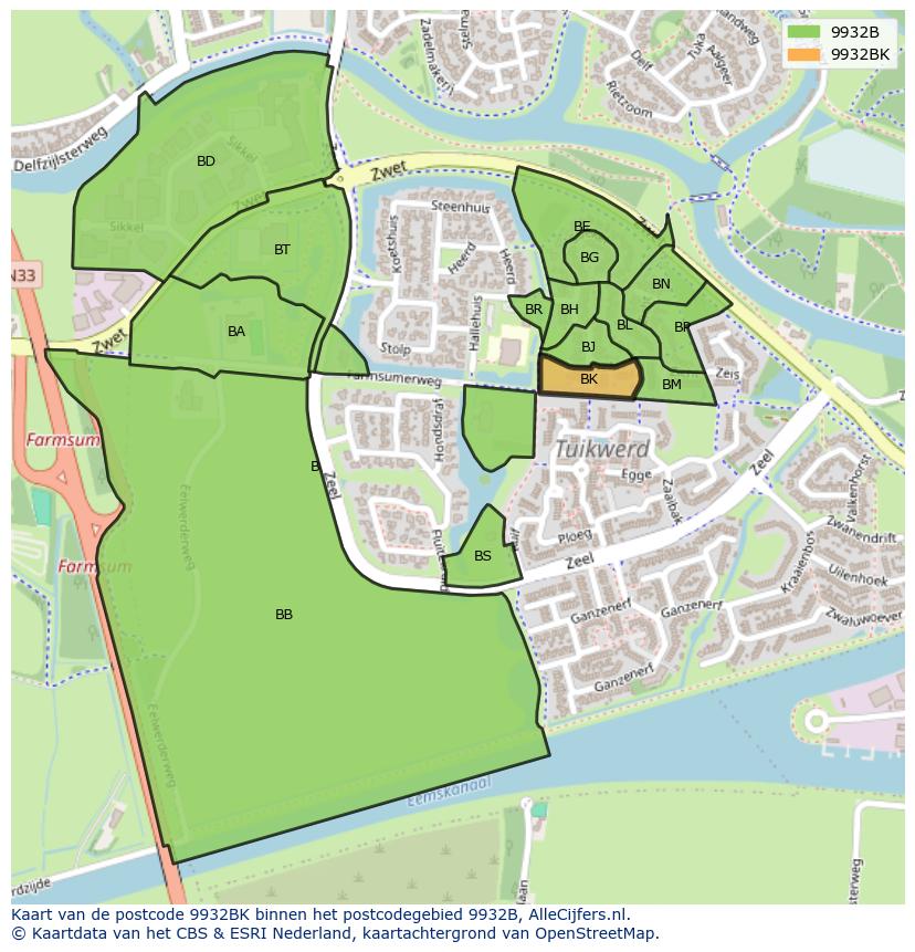 Afbeelding van het postcodegebied 9932 BK op de kaart.
