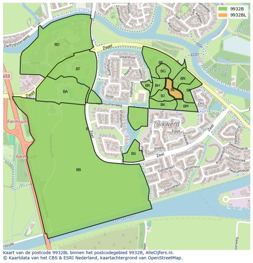 Afbeelding van het postcodegebied 9932 BL op de kaart.