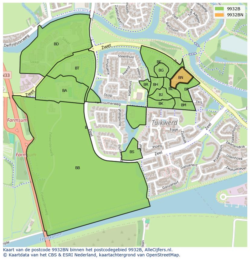 Afbeelding van het postcodegebied 9932 BN op de kaart.