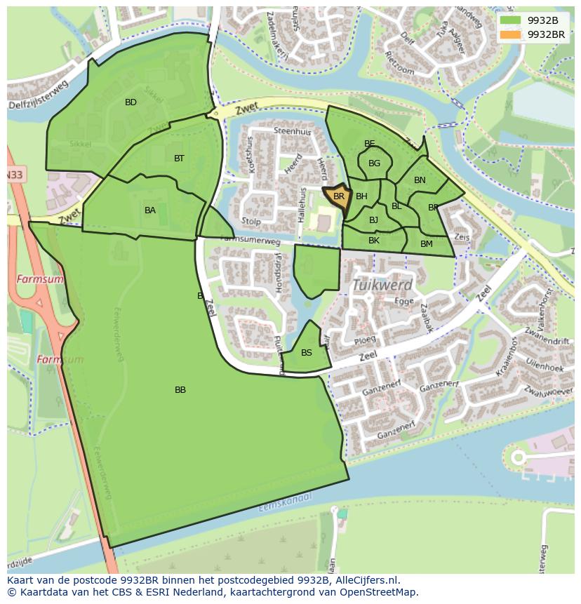Afbeelding van het postcodegebied 9932 BR op de kaart.