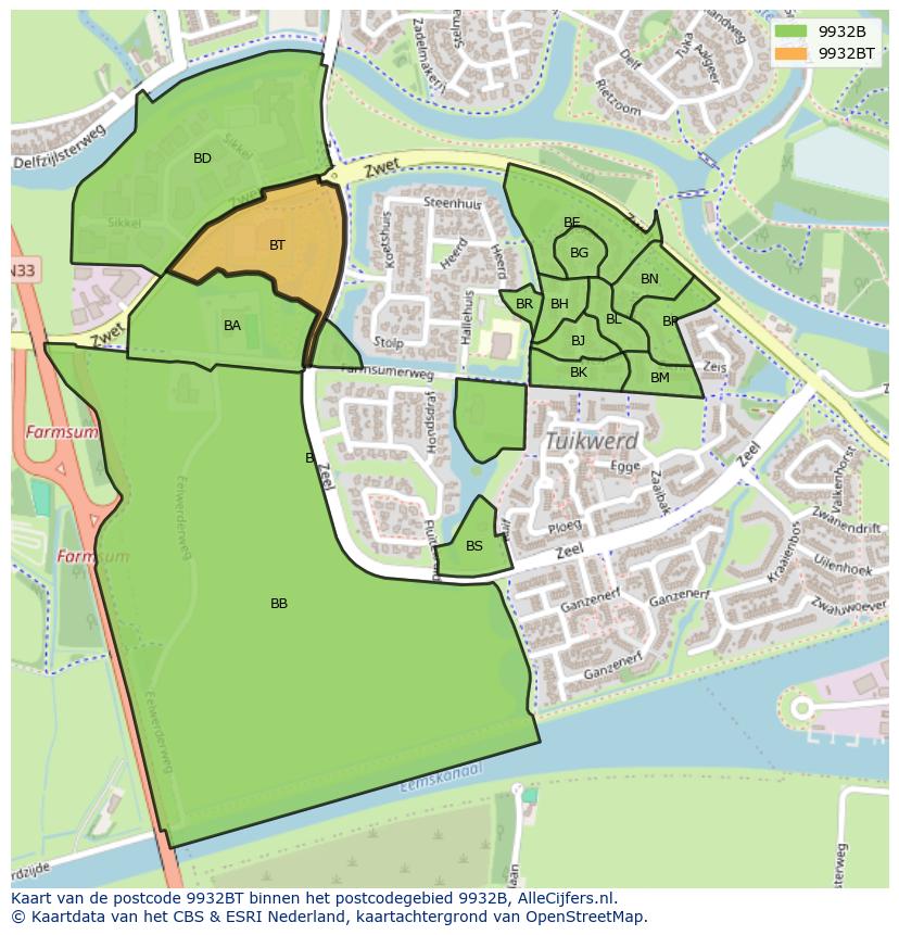 Afbeelding van het postcodegebied 9932 BT op de kaart.