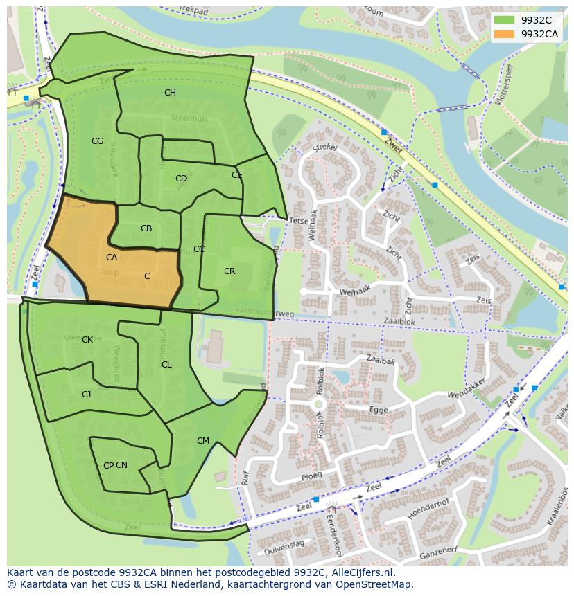 Afbeelding van het postcodegebied 9932 CA op de kaart.