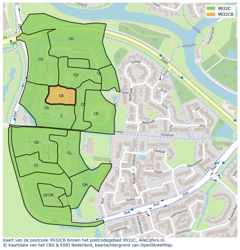 Afbeelding van het postcodegebied 9932 CB op de kaart.