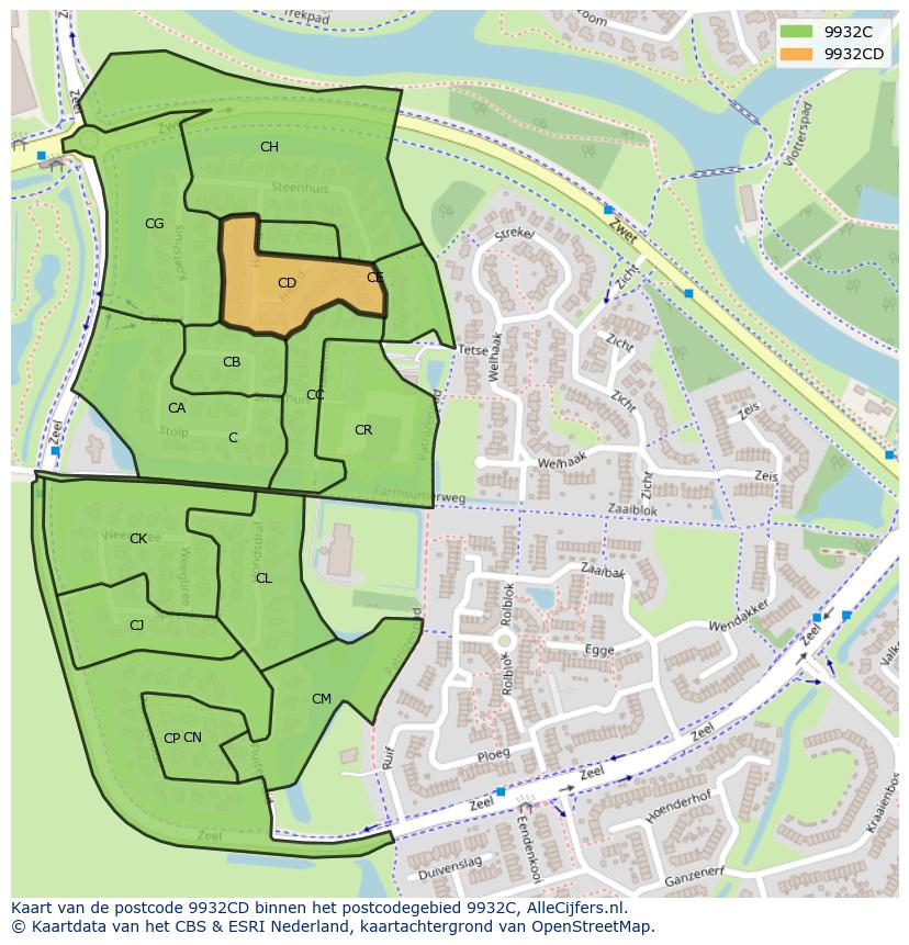 Afbeelding van het postcodegebied 9932 CD op de kaart.