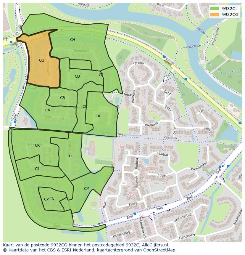 Afbeelding van het postcodegebied 9932 CG op de kaart.