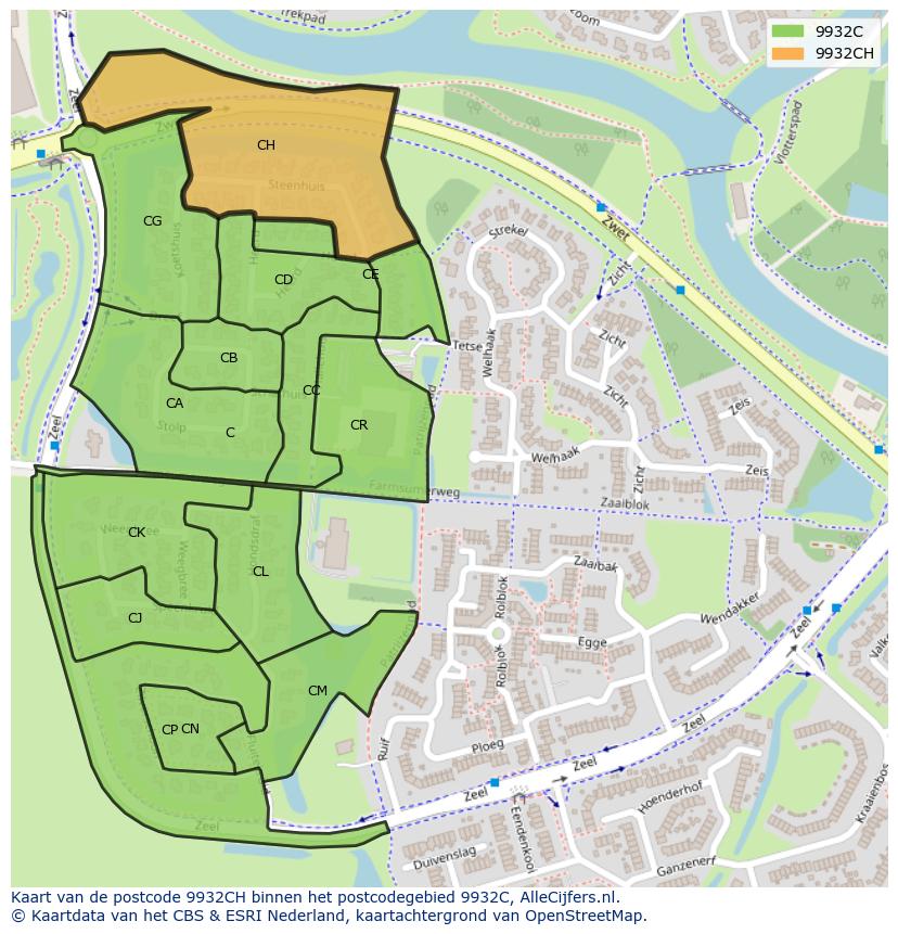 Afbeelding van het postcodegebied 9932 CH op de kaart.