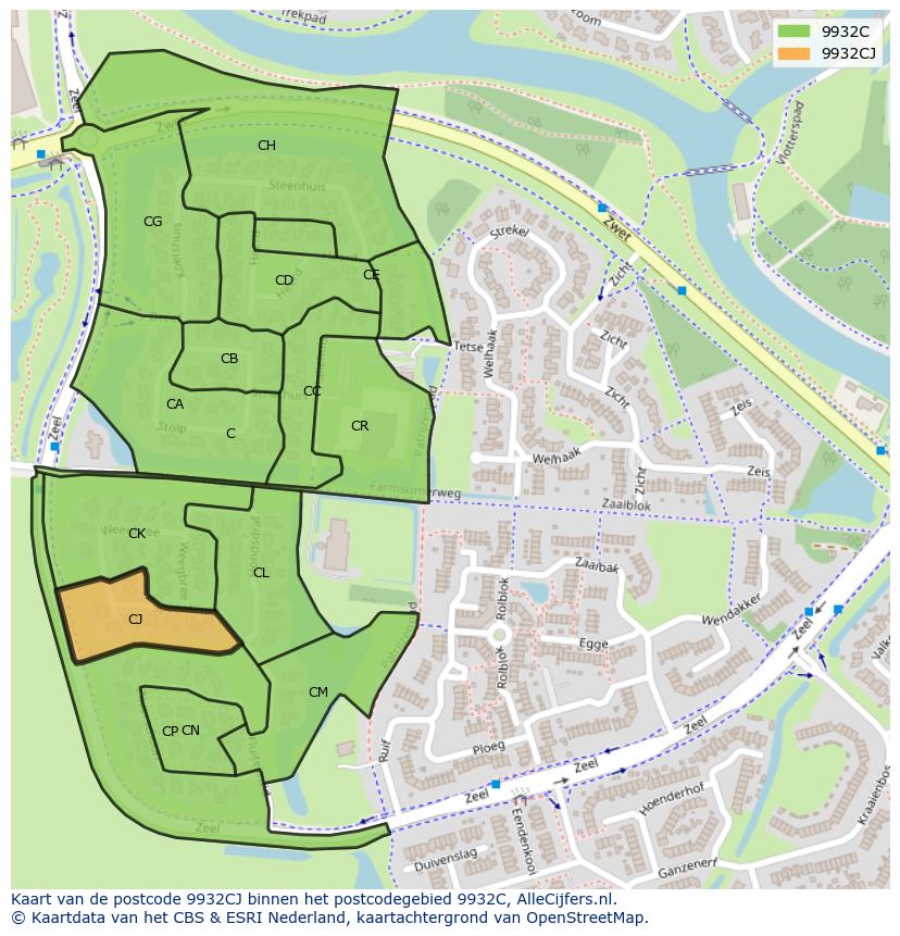 Afbeelding van het postcodegebied 9932 CJ op de kaart.