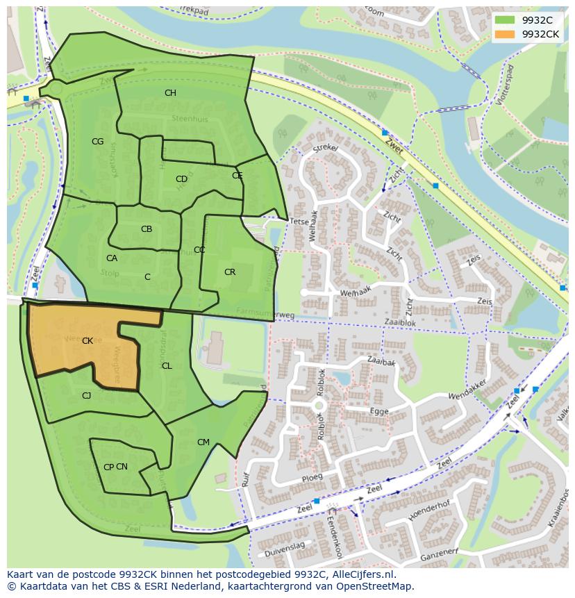 Afbeelding van het postcodegebied 9932 CK op de kaart.