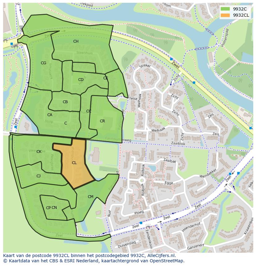 Afbeelding van het postcodegebied 9932 CL op de kaart.