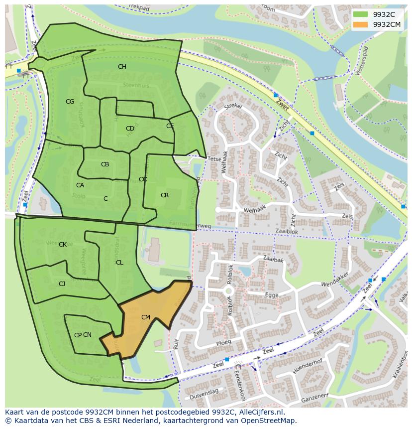 Afbeelding van het postcodegebied 9932 CM op de kaart.