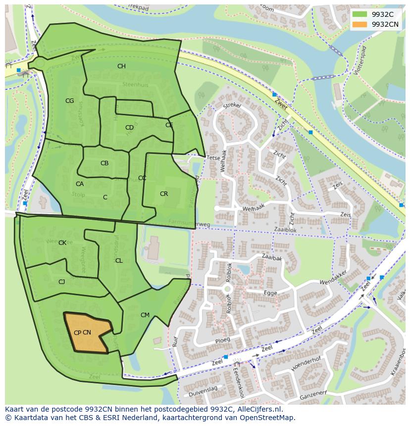 Afbeelding van het postcodegebied 9932 CN op de kaart.