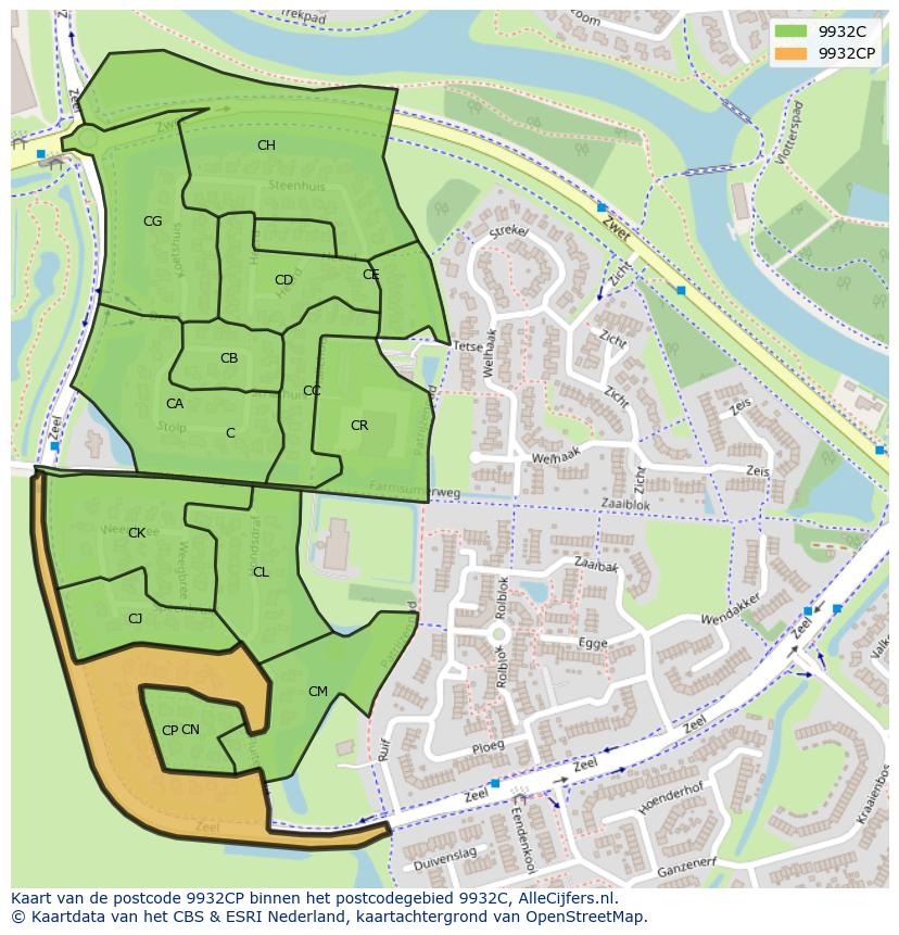Afbeelding van het postcodegebied 9932 CP op de kaart.