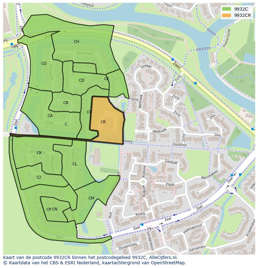 Afbeelding van het postcodegebied 9932 CR op de kaart.