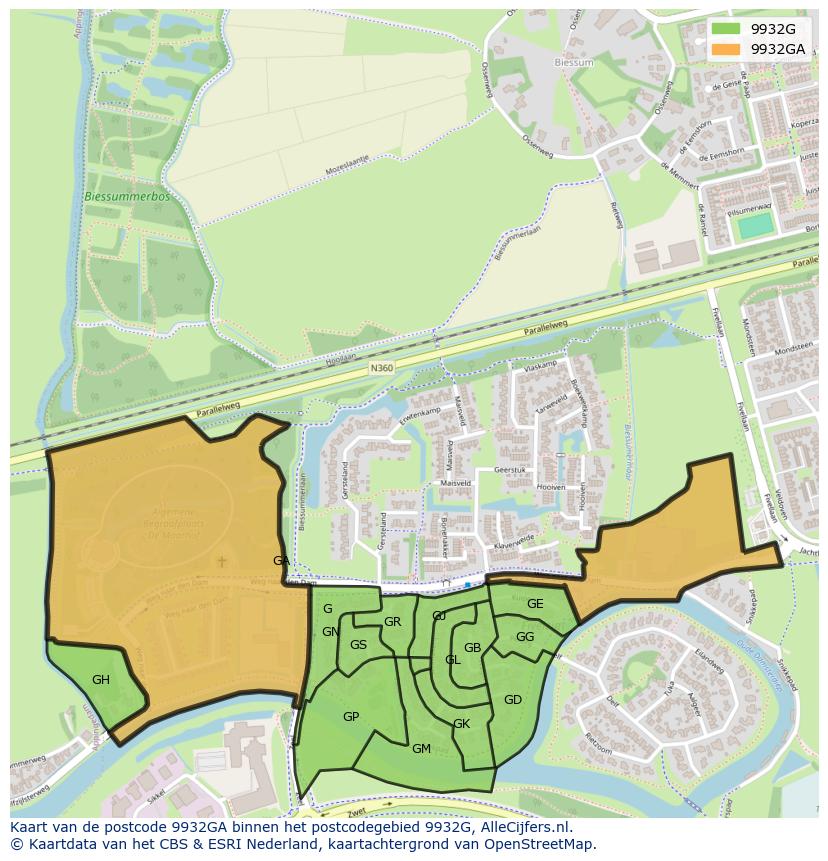 Afbeelding van het postcodegebied 9932 GA op de kaart.