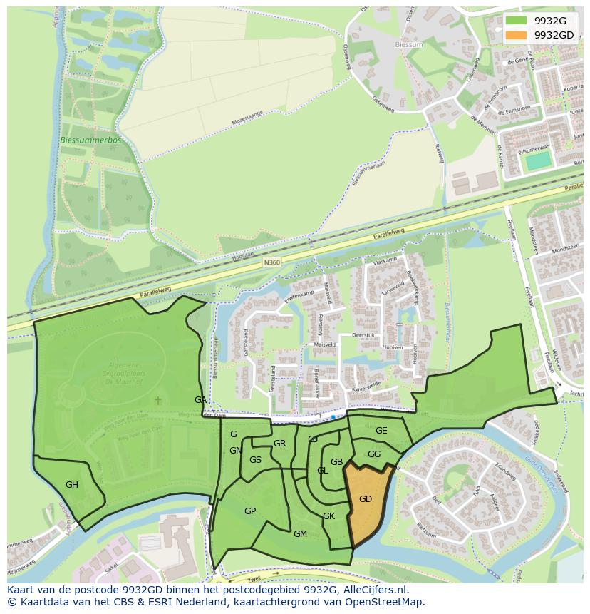 Afbeelding van het postcodegebied 9932 GD op de kaart.
