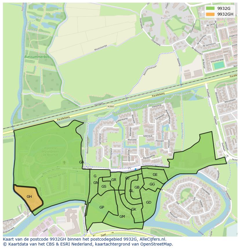 Afbeelding van het postcodegebied 9932 GH op de kaart.