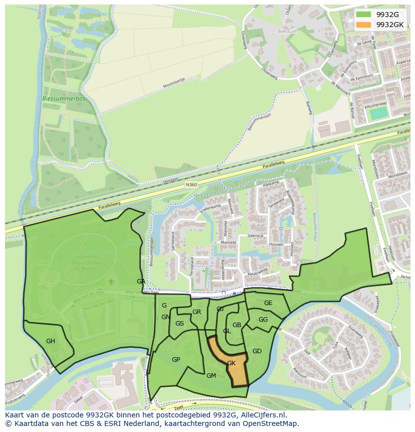 Afbeelding van het postcodegebied 9932 GK op de kaart.
