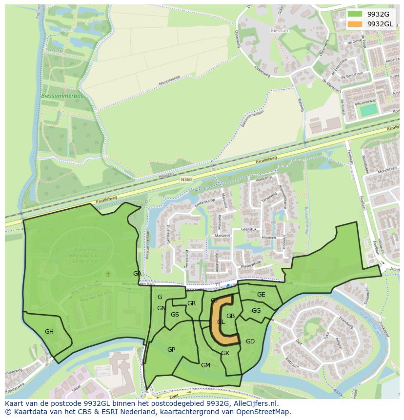 Afbeelding van het postcodegebied 9932 GL op de kaart.