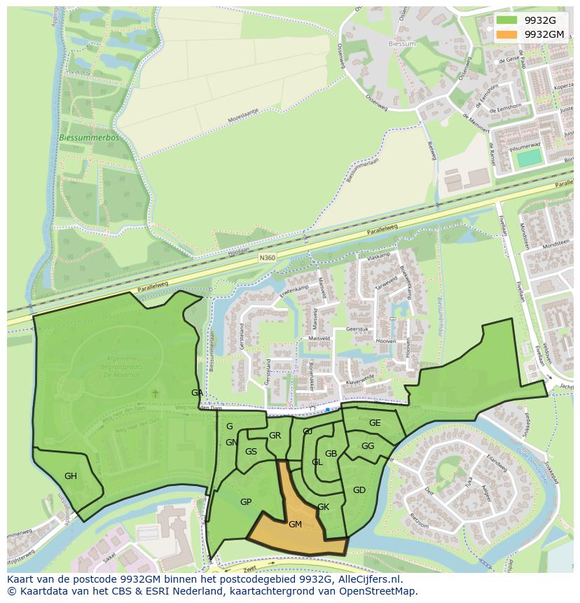 Afbeelding van het postcodegebied 9932 GM op de kaart.