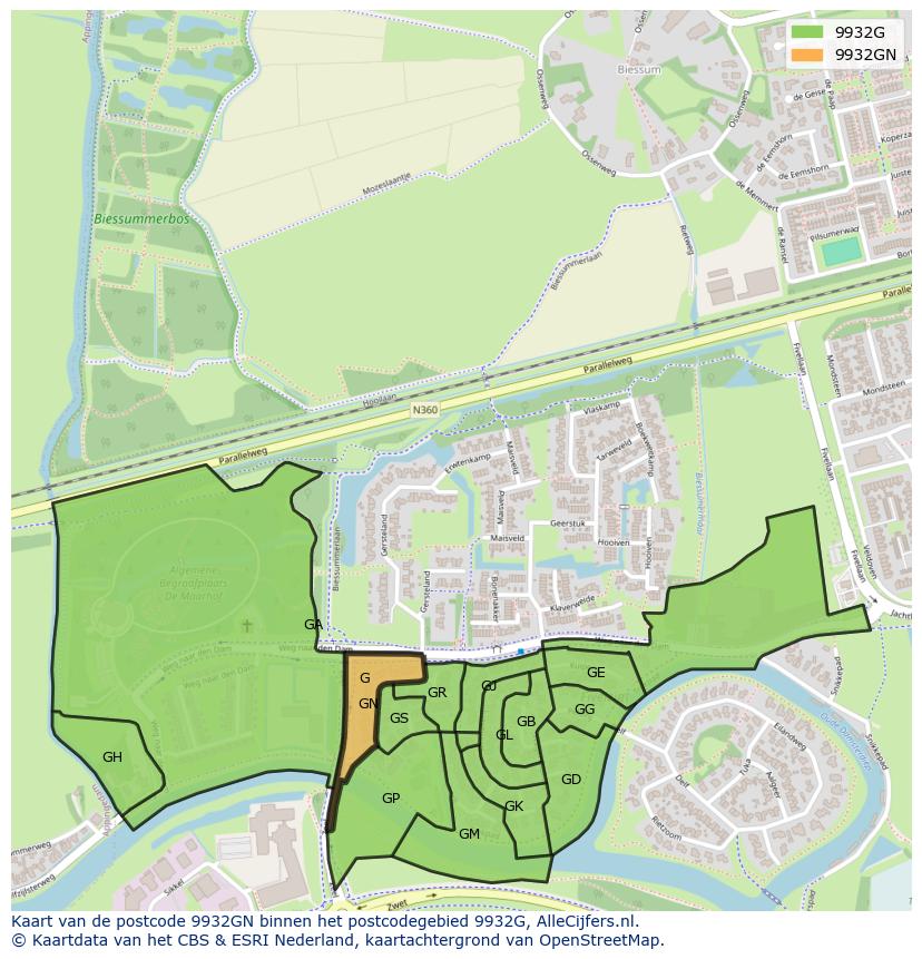 Afbeelding van het postcodegebied 9932 GN op de kaart.