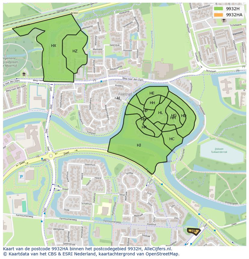Afbeelding van het postcodegebied 9932 HA op de kaart.